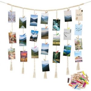 120&times;90cm Porte Photo Mural D&eacute;coration Murale Boh&egrave;me Pele Mele Photo Mural - Avec 50 Clips En Bois Et Color&eacute;s Photos Car PORTE PHOTO