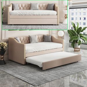 Canap&eacute; Lit 2 Places Convertible 90x200 &ndash; Lit Gigogne &ndash; Lin &ndash; Lit Rembourr&eacute; avec Sommier &ndash; Place/2 Places &ndash; Adulte/Ado/Enfant &ndash; Gris