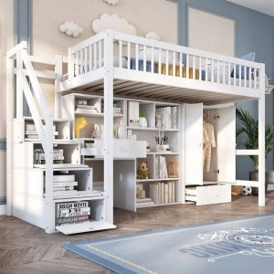 O.Ye Lit enfant 90*200 cm ZUBALIYA - lit simple avec bureau escalier armoires de rangement et penderie bois massif LIT COMBINE