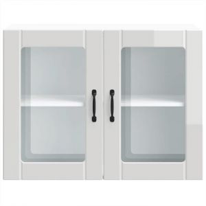 Moderne Placard mural cuisine SWEETY Cabinet cuisine avec porte vitr&eacute;e Lucca bois ding&eacute;nierie blanc brillant 80x31x60 cm BB801