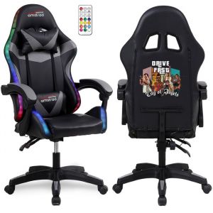 Amstrad AMS-900-LED-DRIVE - Fauteuil gaming noir et gris - Serigraphie DRIVE - Eclairage LED 366 effets - Télécommande
