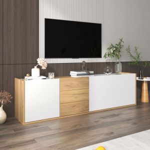 Meuble TV - Blanc & Bois - 180 cm - Suspendu ou posé - Rangement moderne - Style scandinave