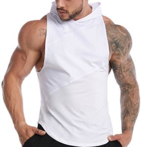 D&eacute;bardeur de sport homme en maille &agrave; Capuche Musculation Fitness Gym Et&eacute; - Blanc - Ajust&eacute;e - Col capuche