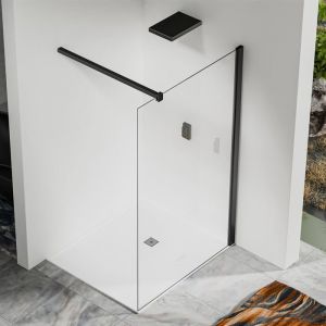 Paroi de douche &agrave; l&rsquo;italienne 120x200 cm - Verre Securit 8 mm - Profil&eacute; et barre de stabilisation 90 cm - Aluminium noir mat