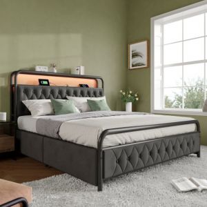 KoDise Lit 180x200 cm avec tiroirs Lit rembourré Lit adulte - avec USB et LED - tissu velours - sans matelas - gris