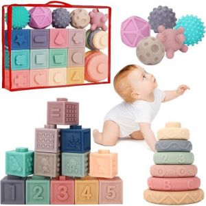 Cube Sensoriel à Empiler Bébé 6-12 Mois - Jouet dÉveil Montessori - Doux et Sécuritaire - Cadeau