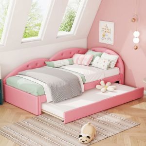 Lit Gigogne Enfant 90x200CM Canapé Lit Enfant Fille Simpleavec Lit Extensible 80x190CM - PU - Sommier à lattes - Rose