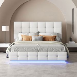 Lit Coffre Capitonné 140x200 avec Sommier Hydraulique - Rangement Max LED RGB & Tête Lisse Réglable - Simili Cuir Blanc