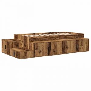 Lit Double Bois - KENNETH - Structure de lit - 2 Personnes - avec rangement - Bois ancien 244x127x53.5 cm - LL5077