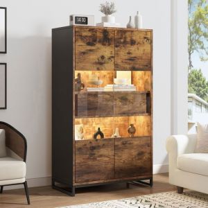 Buffet cuisine Bahut Buffet industriel Vitrine avec 2 tiroirs 2 portes en verre Eclairage LED Armoire haut 80x40x138 cm