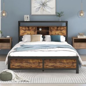 Lit en métal Gutent 140 x 200 cm lit double avec tête de lit de rangement et base en métal lits pour jeunes lits pour adultes