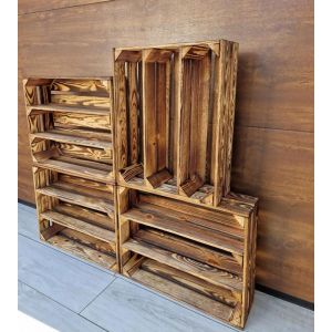 Caisse bois - PYXIDAS - &eacute;tag&egrave;re Longues - 50x40x15 cm- Lot de 4 - Effet br&ucirc;l&eacute;