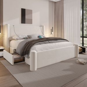 Structure de lit double 160x200 cm en velours beige - tête de lit capitonnée 2 tiroirs de rangement et ports USB intégrés - REDOM