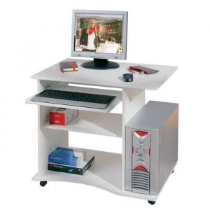Bureau Informatique à Roulettes - PARIS PRIX - Tao - Contemporain - Design - Bois - Blanc
