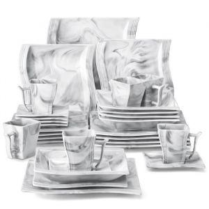 MALACASA S&eacute;rie Flora 30pcs Service de Table Porcelaine Marbre Service complet pour 6 personnes Assiettes Plates Tasse - Grey
