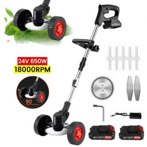 Tondeuse &Eacute;lectrique Sans Fil Pliable Avec Roues &ndash; D&eacute;broussailleuse 650W 2 Batteries 21V  Tige T&eacute;lescopique R&eacute;glable 90-135CM