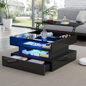 Table Basse avec Plateau Relevable Table Basse Noire Brillante avec LED Table dappoint de Salon avec Rangements 80x80x45cm