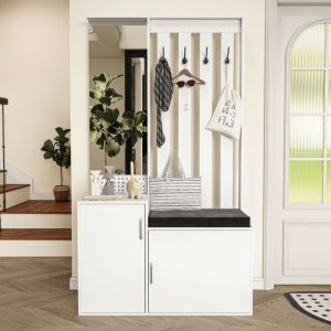 Meuble &agrave; chaussures 180x100x40cm porte-manteau mural miroir pleine longueur tiroirs et crochets blanc