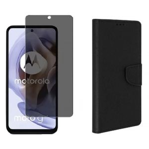 Coque pour Motorola Moto G35 5G Noir + Verre tremp&eacute; Anti Espion - Etui Housse Portefeuille Cartes Vitre Protection Ecran
