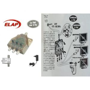 Pack amplificateur distributeur TNT RÉGLABLE 40 dB 1 entrée–3 sorties TV (ELAP) + Adaptateur d’Alimentation CATV pour antennes