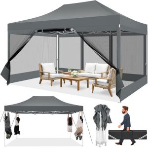 Tonnelle Pro 3x4.5m - 4 Parois Moustiquaires Toile 420D Anti-UV/Pluie + Sac Transport-Gris
