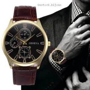 Montre - Homme - Bracelet - Cuir - Marron - Cadran Rond - 4 cm - Acier Inoxydable - Doré - Quartz