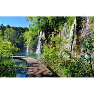 Photo Art Papier Peint INTISSÉ-CHUTE D'EAU DU PONT DE LA PROMENADE EN BOIS-(215557)-8 lés-400x260cm-Mural Poster Géant XXL-Arbre