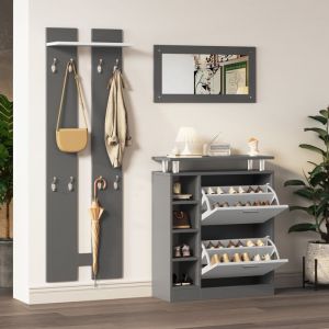 Meuble d&rsquo;entr&eacute;e - Vestiaire avec Miroir &Eacute;tag&egrave;re et Crochets - ensemble Mural Rangement Chaussures - 80&times;25&times;96.5 cm - Gris