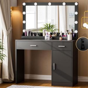Coiffeuse Miroir et LED - HOMDOX - Coiffeuse avec Prise de Courant - Coiffeuse Meuble avec 2 tiroirs et Armire - Noir