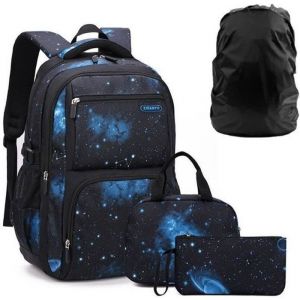 Cartable Enfant GarconSac à Dos Cartable Étudiants 8 9 10 11 12 13 14 Ans CE2 CM1 2 6EStyle ciel étoilé noir et bleu-4PCS