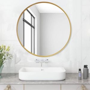 Miroir de salle de bain rond sans &eacute;clairage 60 cm avec cadre en m&eacute;tal dor&eacute; mat Miroir d&eacute;coratif rond bord dor&eacute; 60 x 60 cm
