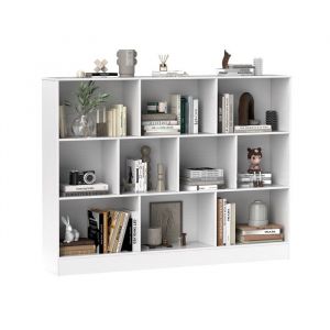 Bibliothèque de Rangement à 3 Niveaux COSTWAY-140 x 24 x 104 CM-10 Cases Ouverts-Kit Anti-Basculement-Capacité Max 170 KG-Blanc
