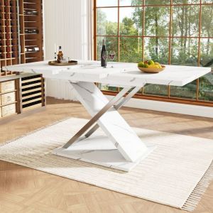 Table de Salle à Manger avec Pieds en Croix ExtensibleTable de Cuisine Salon Moderne Télescopique 118-157x75cm Blanc