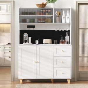 Buffet cuisine 120 cm meuble de rangement blanc avec 2 prises et USB C/A panneau perfor&eacute; buffet salle &agrave; manger haut scandinave