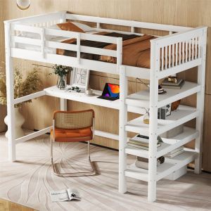 Lit Mezzanine 90x200 avec Bureau Lit Mezzanine 1 PlaceLit en Hauteur pour Enfant Adulte AdoÉtagères de RangementPin BoisBlanc