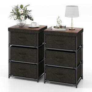 COSTWAY Lot de 2 Commode 3 Tiroirs en Tissu 40 x 30 x 62 cm Table de Chevet avec Cadre en Métal pour Chambre Industriel Noir