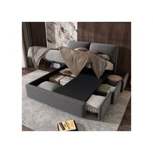 MODFU Lit coffre capitonn&eacute; 140x190 cm avec 3 tiroirs. sommier &agrave; lattes avec t&ecirc;te de lit. en velours. gris. sans matelas