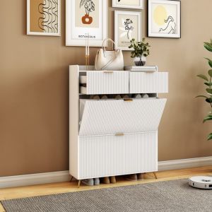 Meuble &agrave; Chaussures Entr&eacute;e Blanc &Eacute;tag&egrave;re de Rangement avec Anti-Bascule Design Rayures Verticales & Pieds M&eacute;talliques