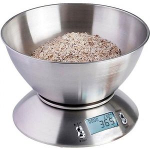5 kg/1g Balance de Cuisine en Acier Inox - avec bol de 215L Amovible Grand Ecran R&eacute;tro&eacute;clair&eacute; Fonction Tare - Argent