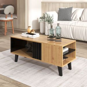 OKWISH Table Basse en Bois 100x60x45cm - Table de Salon avec Compartiment de Rangement et &Eacute;tag&egrave;re Lat&eacute;rale - Couleur Bois+Noir
