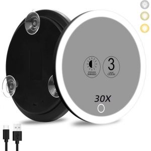 Miroir grossissant 30x avec lumi&egrave;re Grand Miroir 10cm 3 Couleurs avec &eacute;clairage tamis&eacute; 30x avec 3 ventouses grossissant 30x
