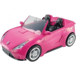 Barbie Voiture Cabriolet Rose pour poupée, décapotable avec deux sièges noirs, ceintures et rétroviseurs argentés, jouet pour enfant