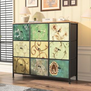 Meuble de Rangement 100&times;30&times;86cm Buffet Bas Buffet Cuisine Placard de Salle &agrave; Manger avec 9 tiroirs MDF+Tissu+M&eacute;tal Classique