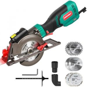 SCIE ELECTRIQUE Scie Circulaire HYCHIKA 750W 3500RPM Petite Scie Circulaire 6 Lames(115 & 125mm) Guide Laser Max Profondeur 2