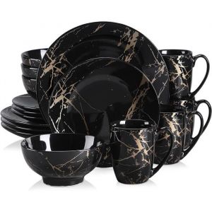 LOVECASA S&eacute;rie Sweet. 16pcs Service de Table Complet Moderne en Porcelaine pour 4 Personnes &agrave; Motif Plaqu&eacute; Or  - Noir