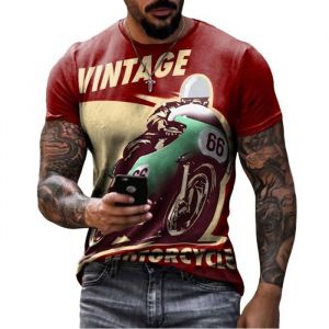 T shirt Homme Vintage Moto 3D Impression Tee Shirt HommeCol Rond R&eacute;tro Moto tshirt Manches Courtes-Rouge