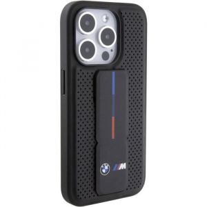 Coque iPhone 15 Pro - BMW - Grip Stand Smooth & Perforated - Cuir &eacute;cologique - Noir - Dragonne int&eacute;gr&eacute;e