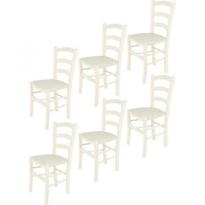 Tommychairs - Set 6 chaises cuisine VENICE structure en bois de h&ecirc;tre peindr&eacute; en aniline blanche assise en tissu couleur ivoire