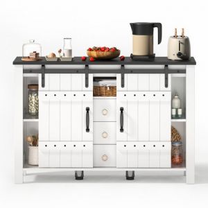 Buffet Meuble de Rangement avec 3 Tiroirs et Portes Coulissantes Style Campagne Meuble de Cuisine pour Salon 120x40x80cm Blanc