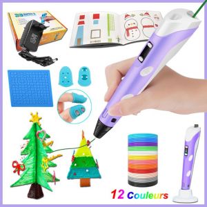 Stylo 3D Professionnel pour Enfant avec 12 Couleurs de Filament PLA 1.75mm avec Livre de Dessin 3D et Prot&egrave;ge doigts